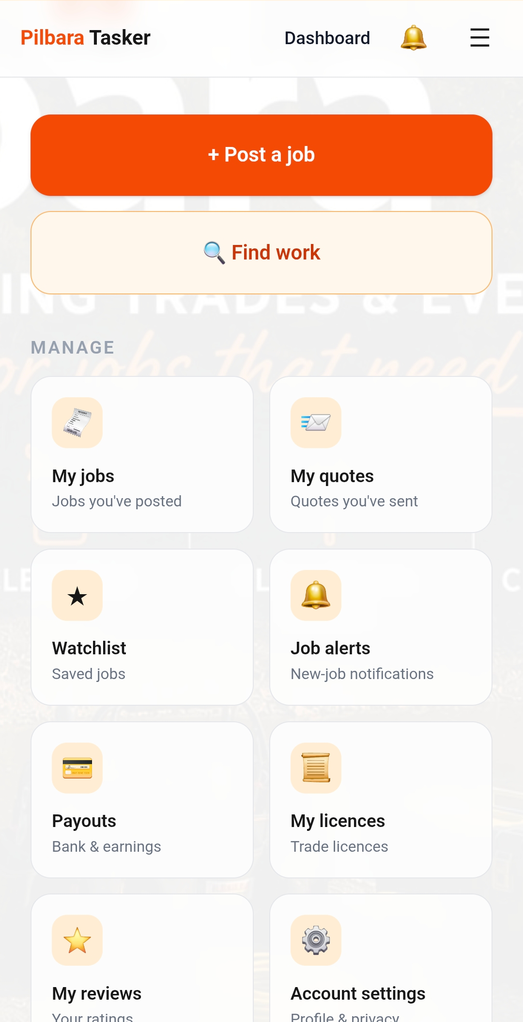 The Pilbara Tasker app dashboard