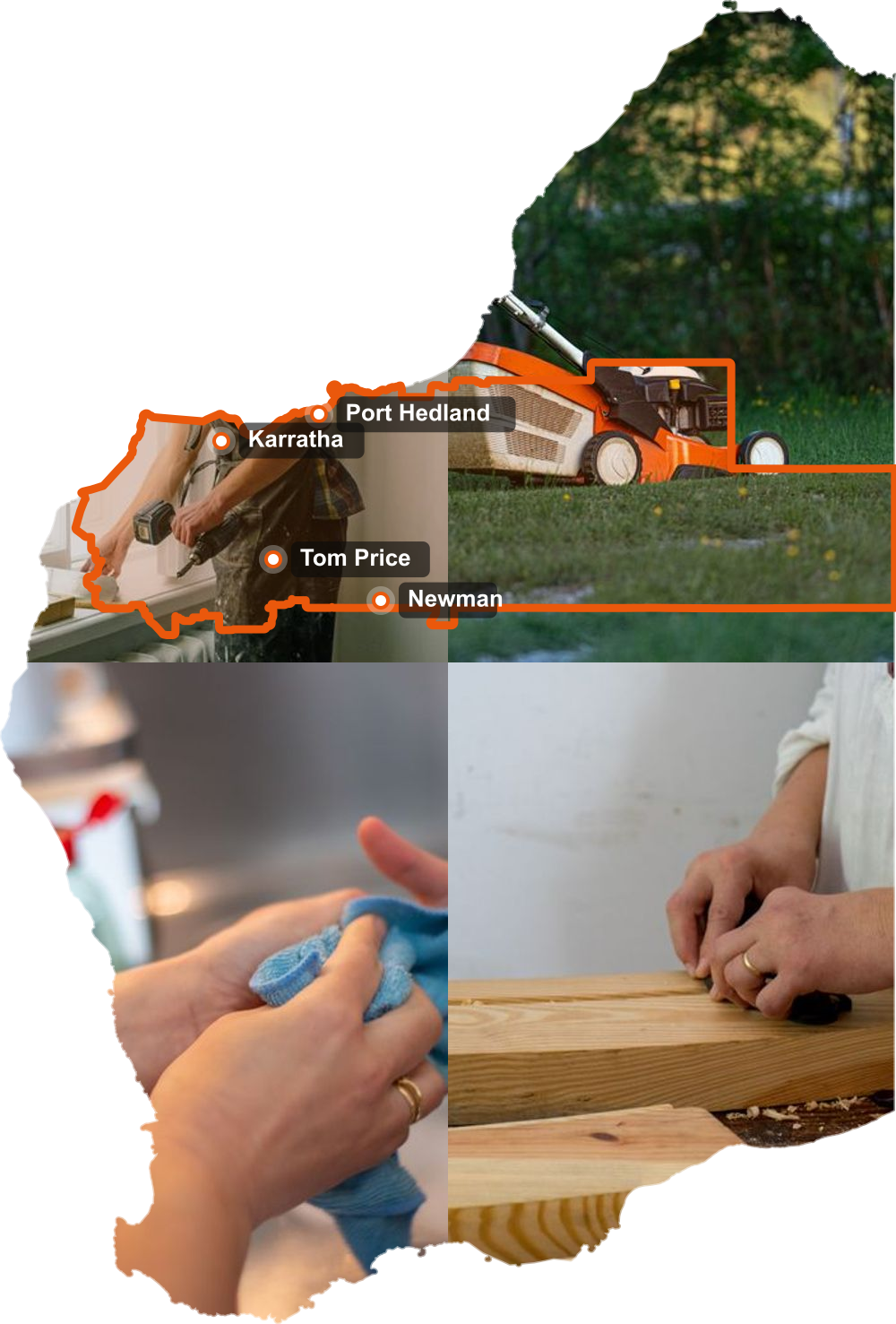 Local Pilbara trades (a painter, lawn mowing, cleaning and carpentry) over a map of Western Australia with the Pilbara region outlined and Port Hedland, Karratha, Tom Price and Newman marked